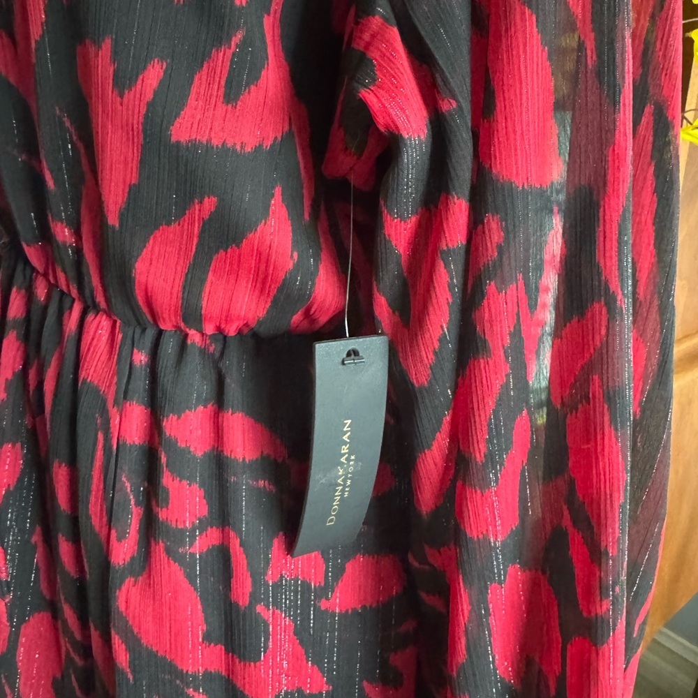 Donna Karan Women’s Chiffon Shirt Midi Red Multi Print Dress Size 12 NWT - Picture 8 of 10